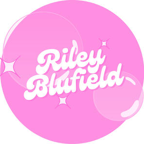 Riley Blufield written in bubbly cursive over a pink circle filled with faint bubbles and sparkles.